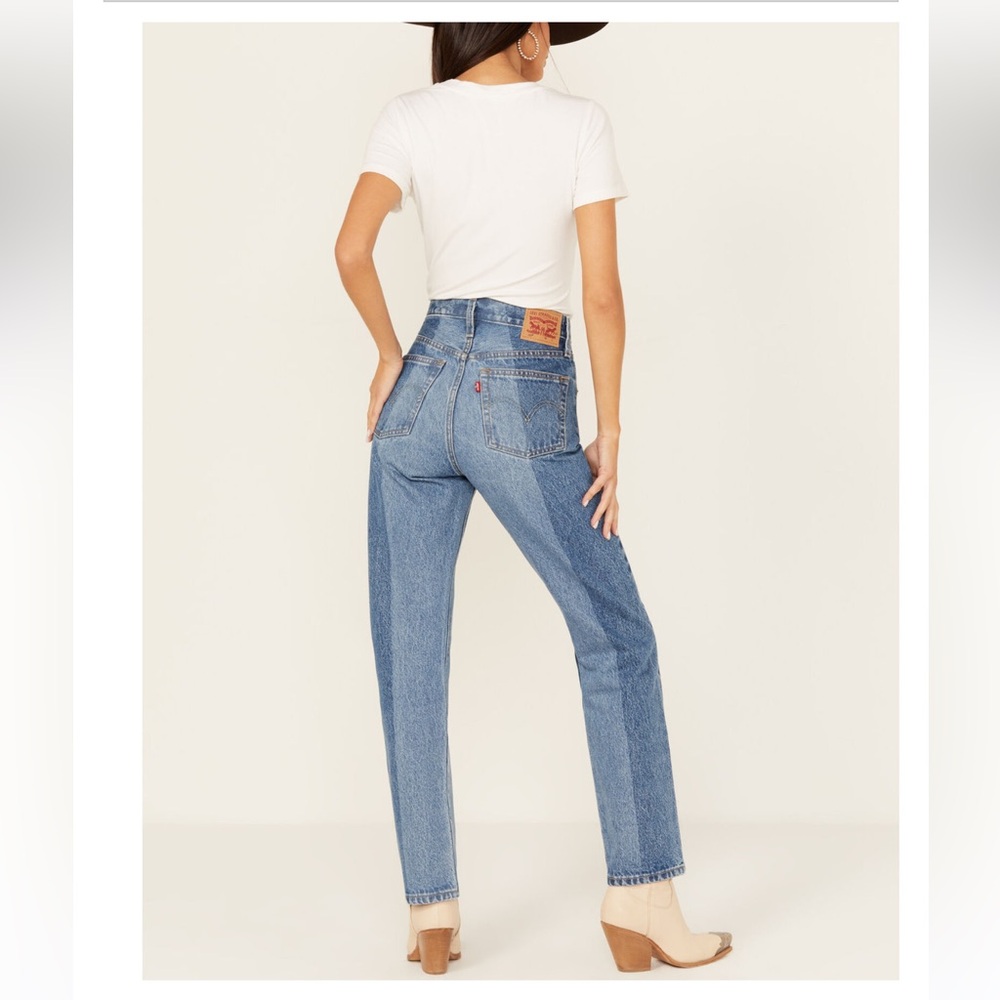 59. LEVI'S MEDIUM WASH LASER CRAFT HIGH RISE TWO TONED 501 STRAIGHT JEANS